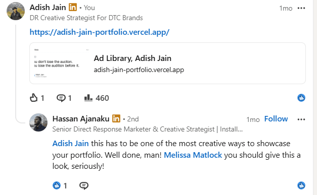 LinkedIn comment from Hassan Ajanaku, senior direct response marketer: this has to be one of the most creative ways to showcase your portfolio. Well done, man.