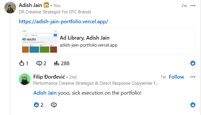 LinkedIn post with 288 impressions, and a comment on it from Filip Đorđević, performance creative strategist and direct response copywriter: yooo, sick execution on the portfolio.