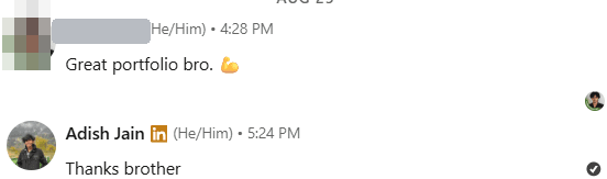 Direct message, sender's name covered: Great portfolio bro.