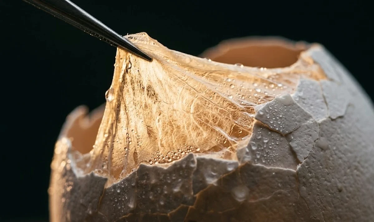 Extreme macro of the translucent eggshell membrane being lifted from inside a cracked eggshell.