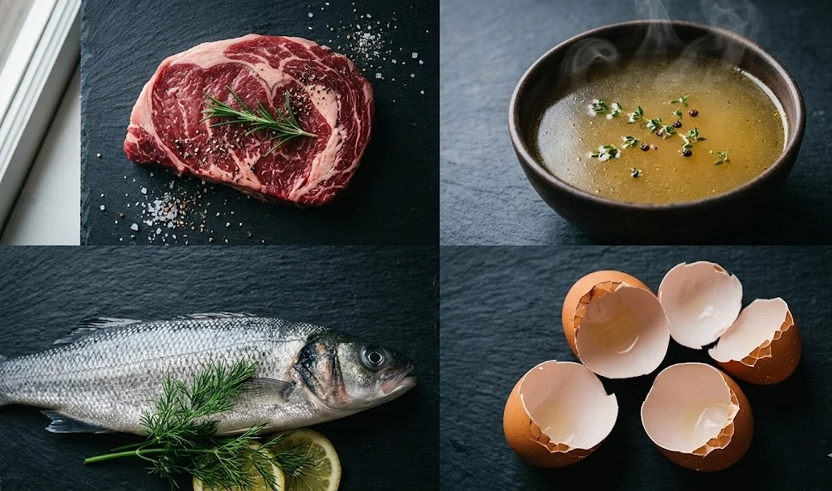 Grass-fed beef, golden chicken bone broth, a whole wild-caught fish, and cracked eggshells showing the membrane.