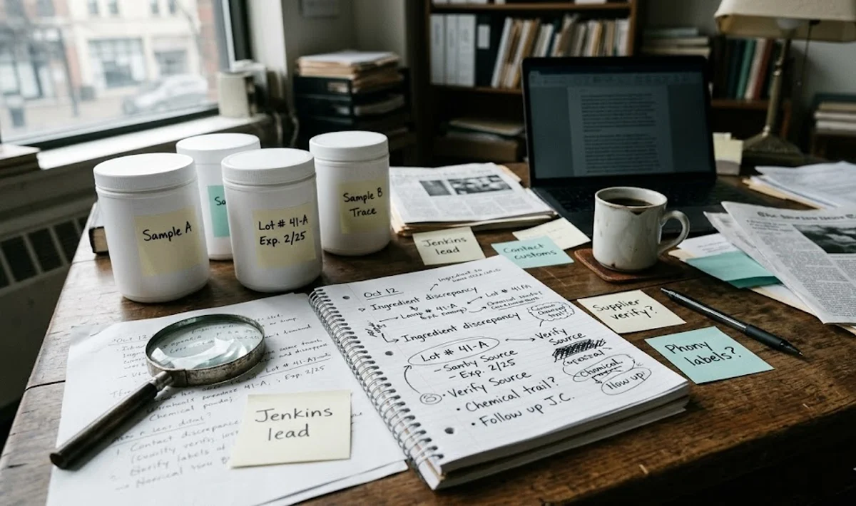 An investigative journalist's desk with unbranded collagen tubs, handwritten notes, and a magnifying glass.
