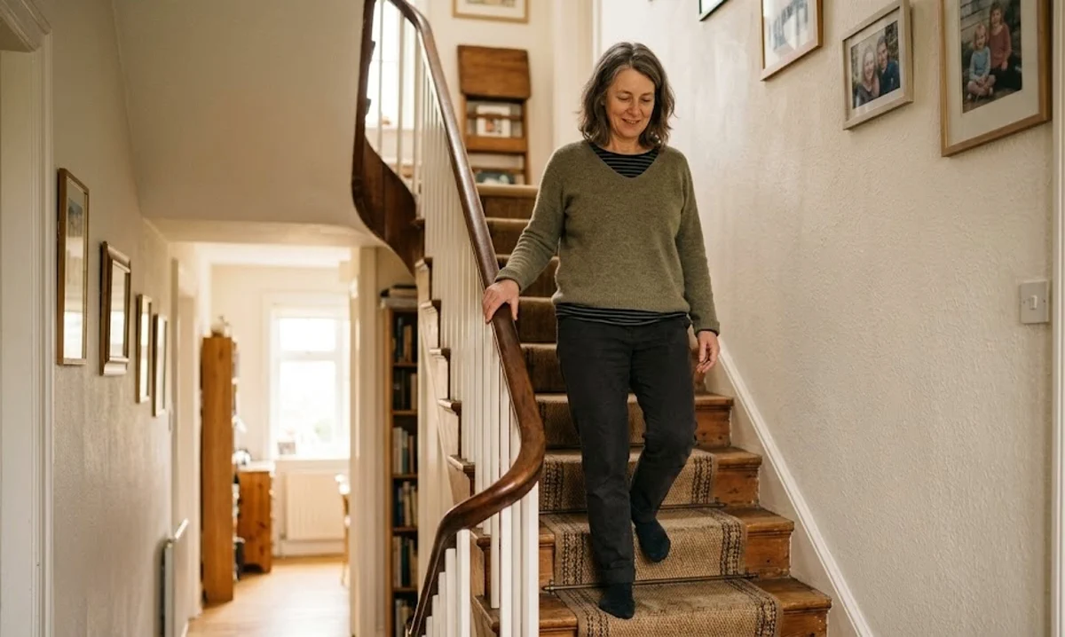 A woman in her early 50s walking down a home staircase with relaxed, easy confidence.