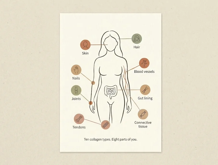 Illustration of how different collagen types govern skin, joints, hair, gut and blood vessels
