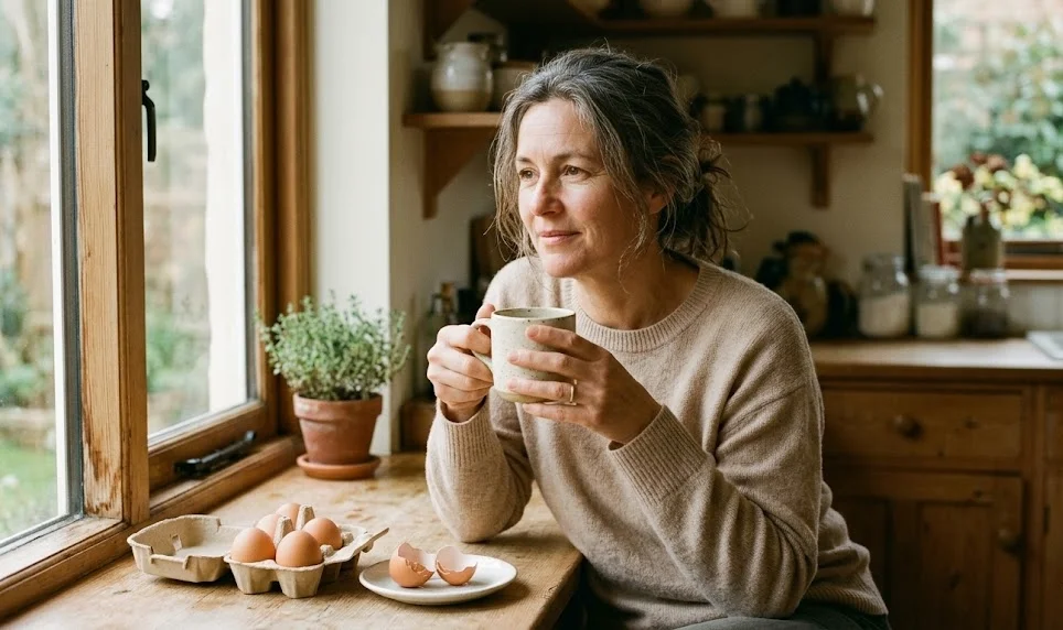 A woman in her late forties in soft morning light, holding a coffee mug
