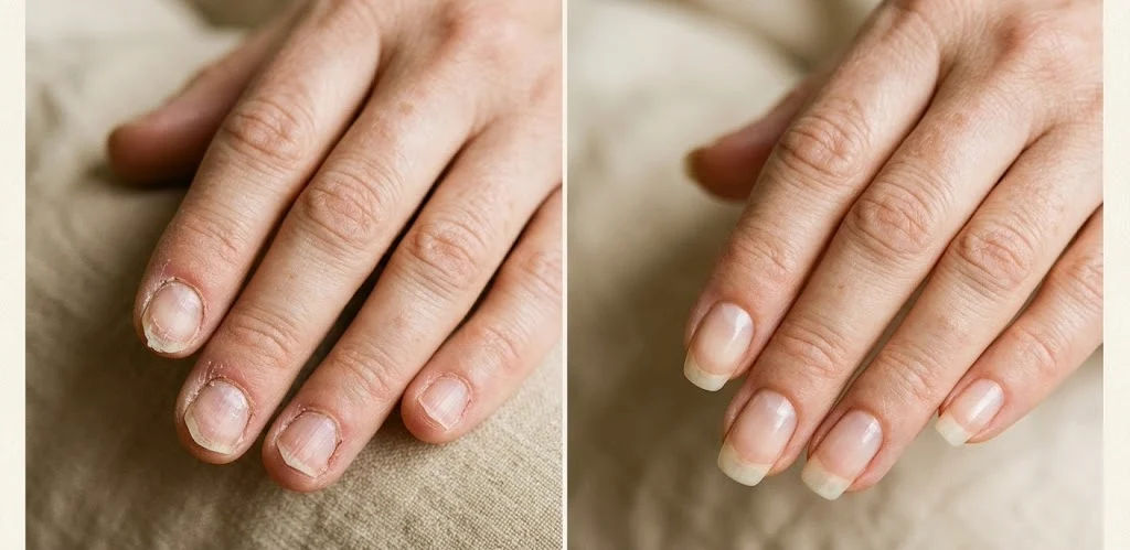 Nails before and after: from peeling and splitting to hard and growing
