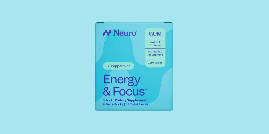 Neuro Energy & Focus peppermint gum pack: natural caffeine, L-theanine plus B vitamins, zero sugar.