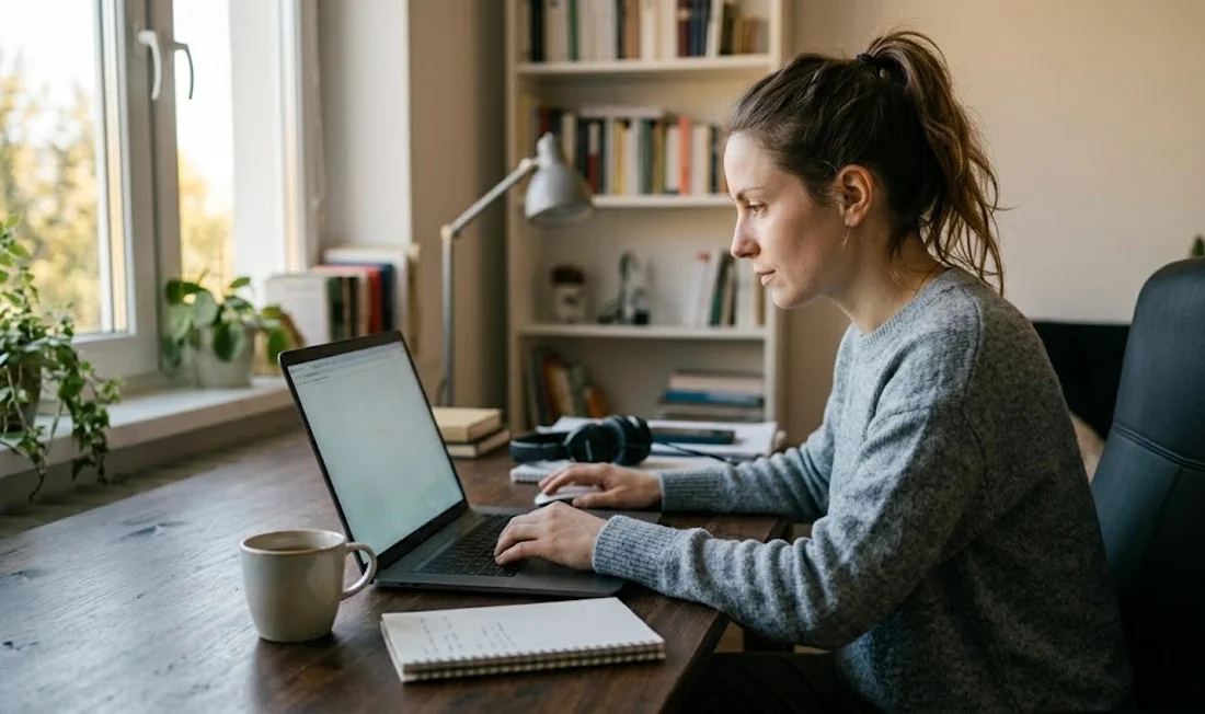 The same knowledge worker now calm and focused at a tidy desk, working smoothly in warm daylight.