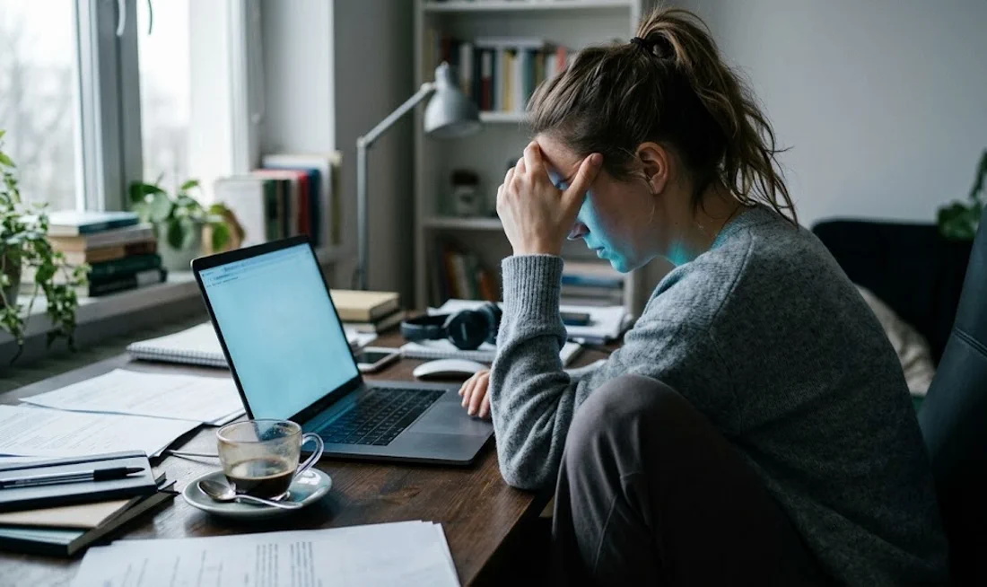 A knowledge worker at her desk at 9 a.m., head in hand and coffee beside her, looking drained in front of a glowing laptop.