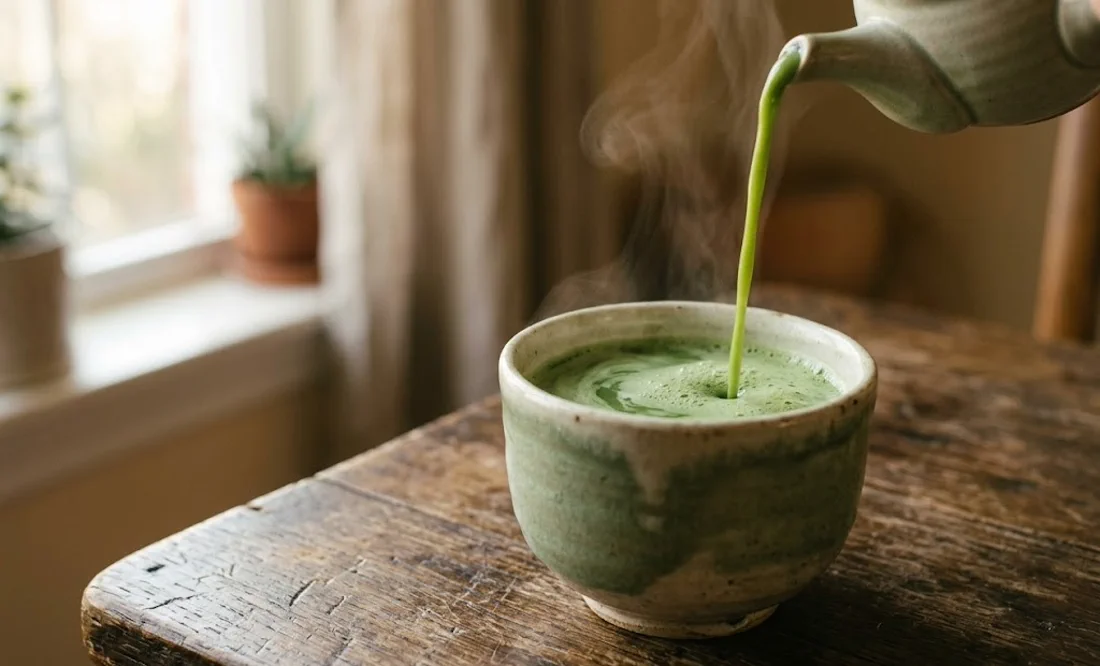 Green tea poured from a ceramic teapot into a stoneware cup on a wooden table in soft morning light, steam rising.